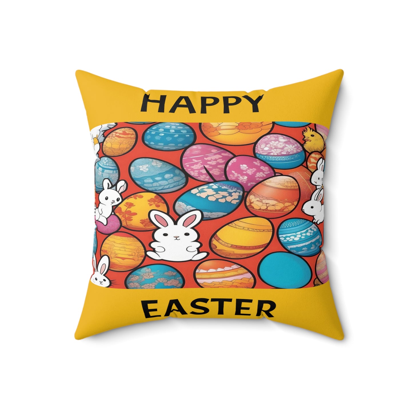 White Rabbits, Eggs Galore with Happy Easter in Yellow | Pillow