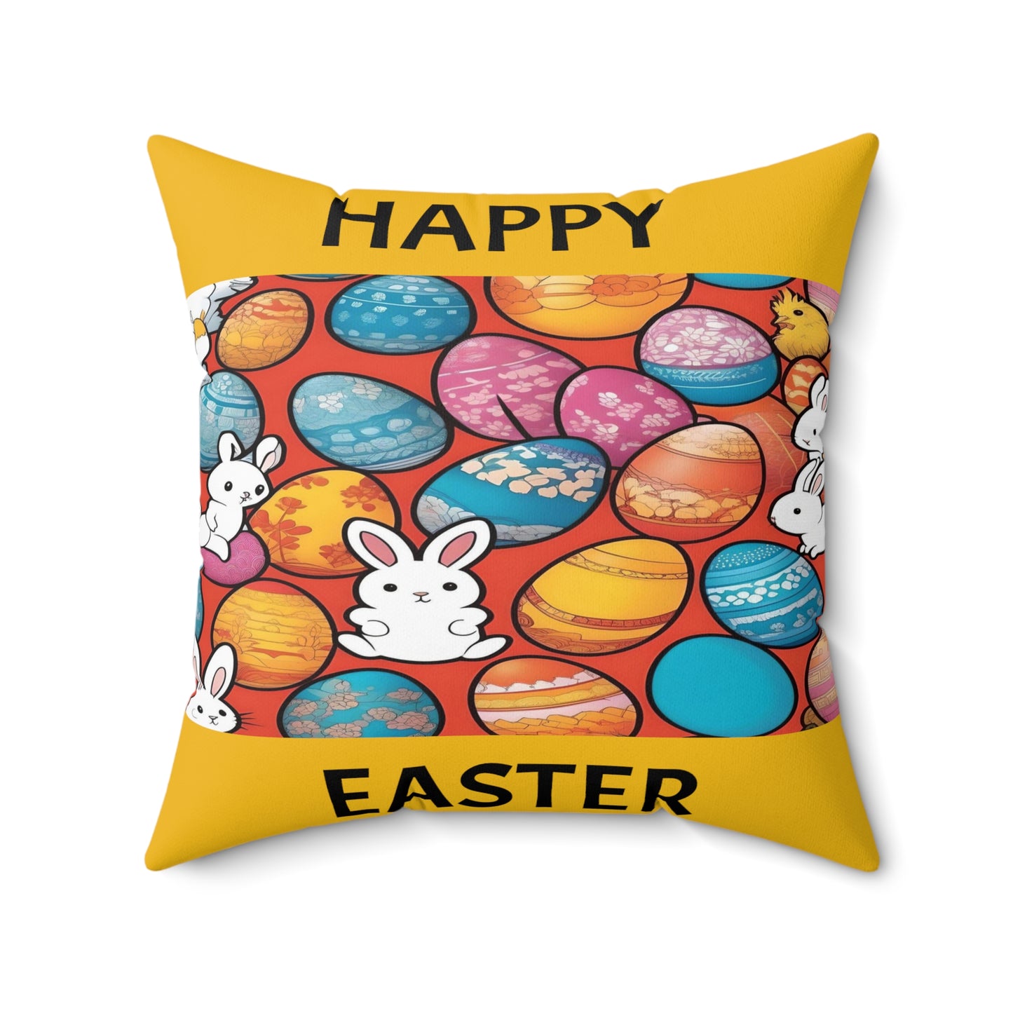 White Rabbits, Eggs Galore with Happy Easter in Yellow | Pillow