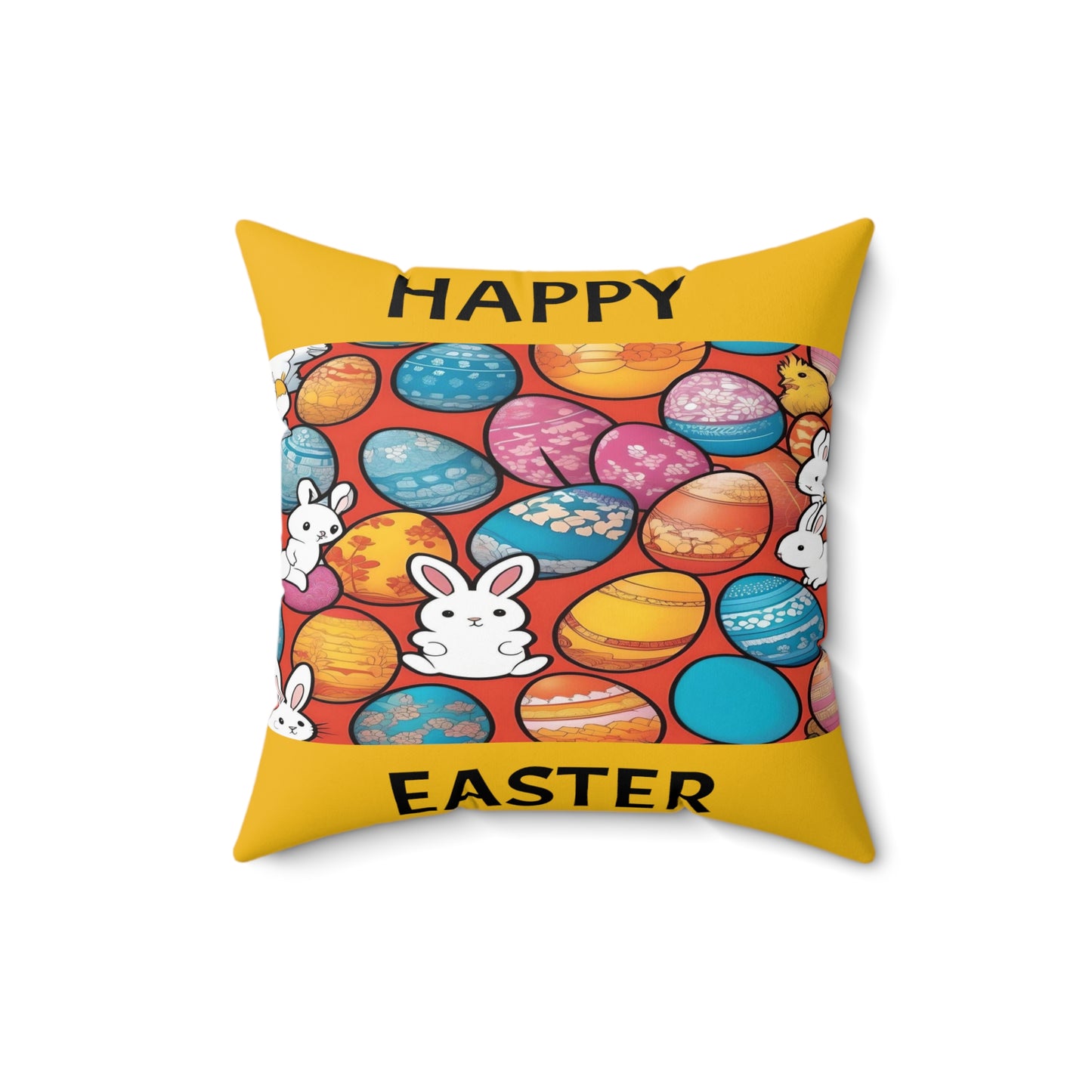 White Rabbits, Eggs Galore with Happy Easter in Yellow | Pillow