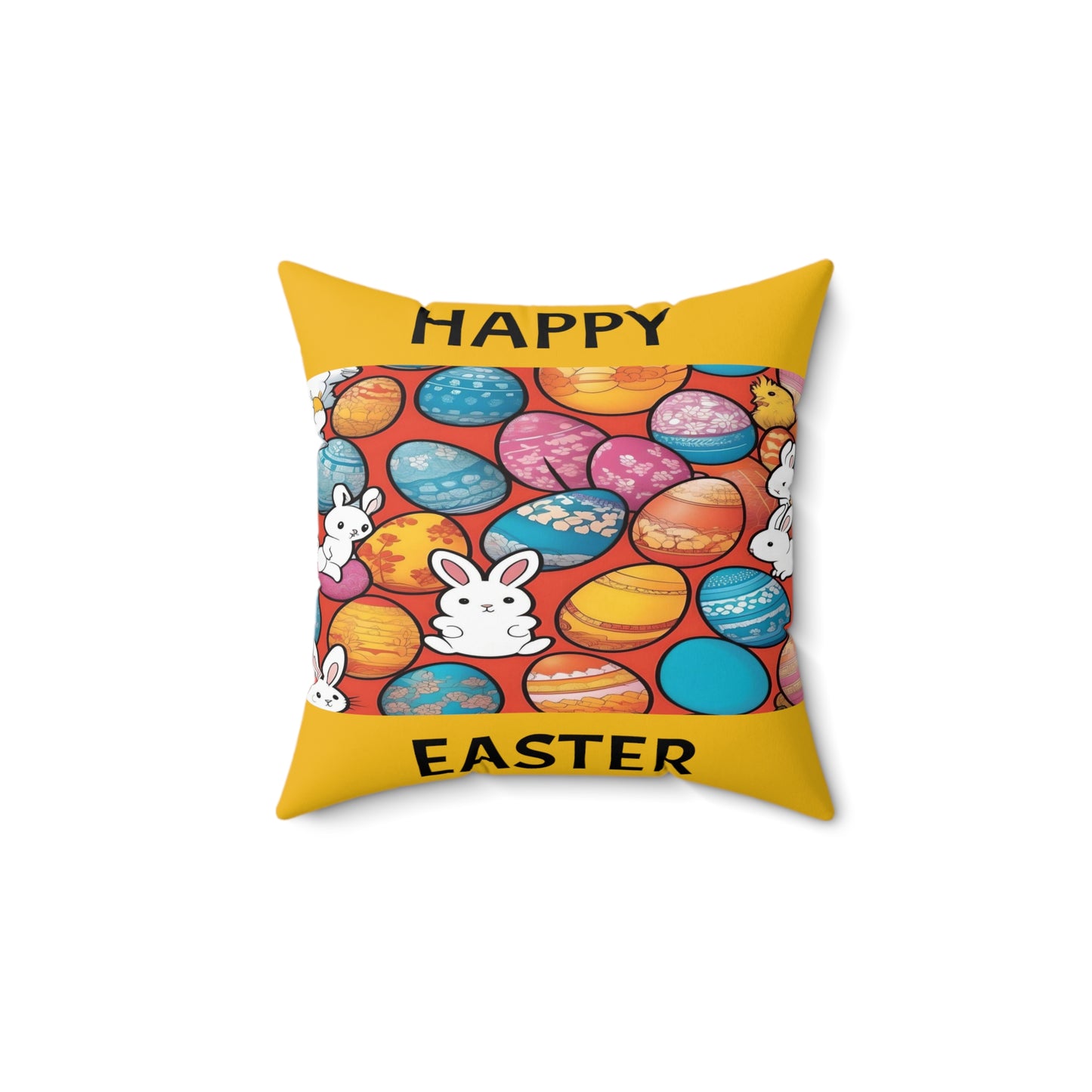 White Rabbits, Eggs Galore with Happy Easter in Yellow | Pillow